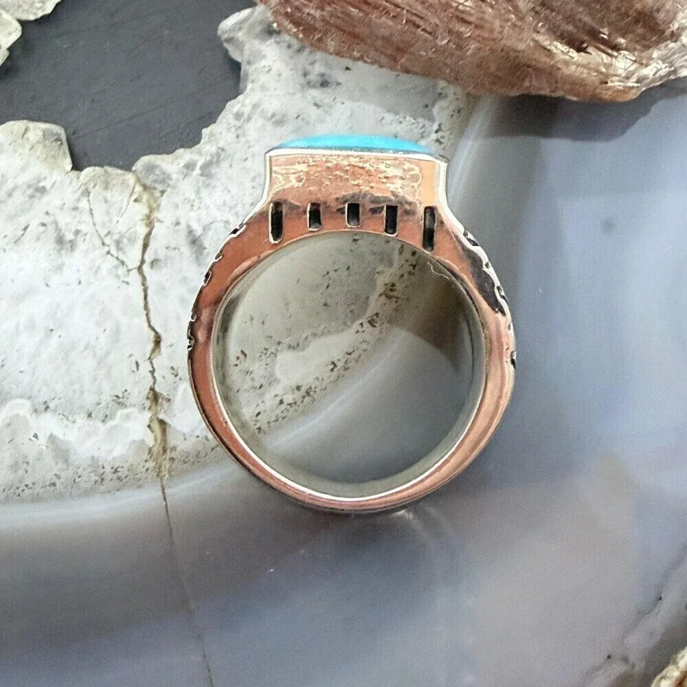 Native American Sterling Rectangle Kingman Turquoise Decorated Ring S 10 For Men
